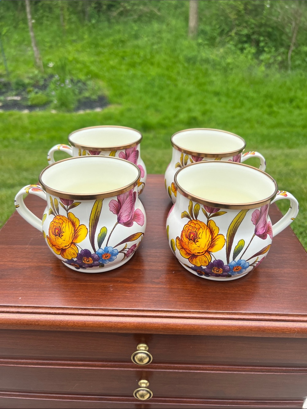 Set of 4 Mackenzie Childs Flower Market Enameled Steel Mugs